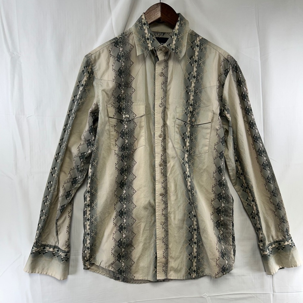 Wrangler Western Shirt Mens Small Tan Aztec Geometric Pearl Snap Long Sleeve